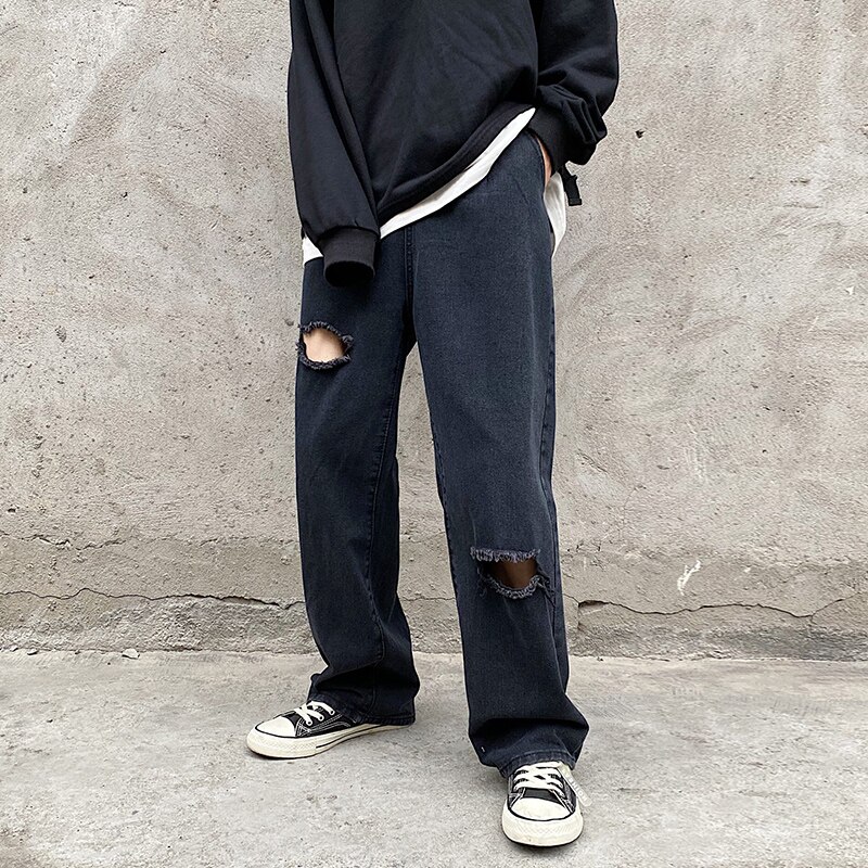 Pantalones vaqueros rectos rasgados para hombre, ropa de calle clásica, color negro, para las cuatro estaciones, S-5XL