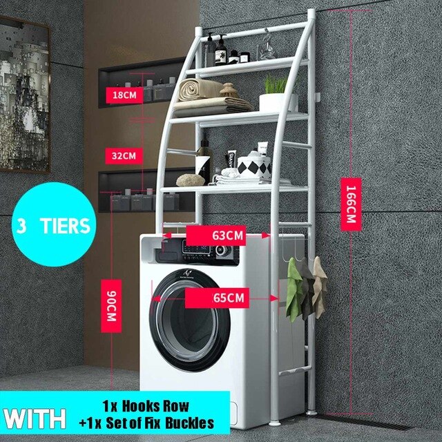 Storage Shelf Bathroom Space Saver Storage Shelf Over Toilet With Roll Holder And Towel HookKitchen Washing Machine Storage Hold: washingmachine white