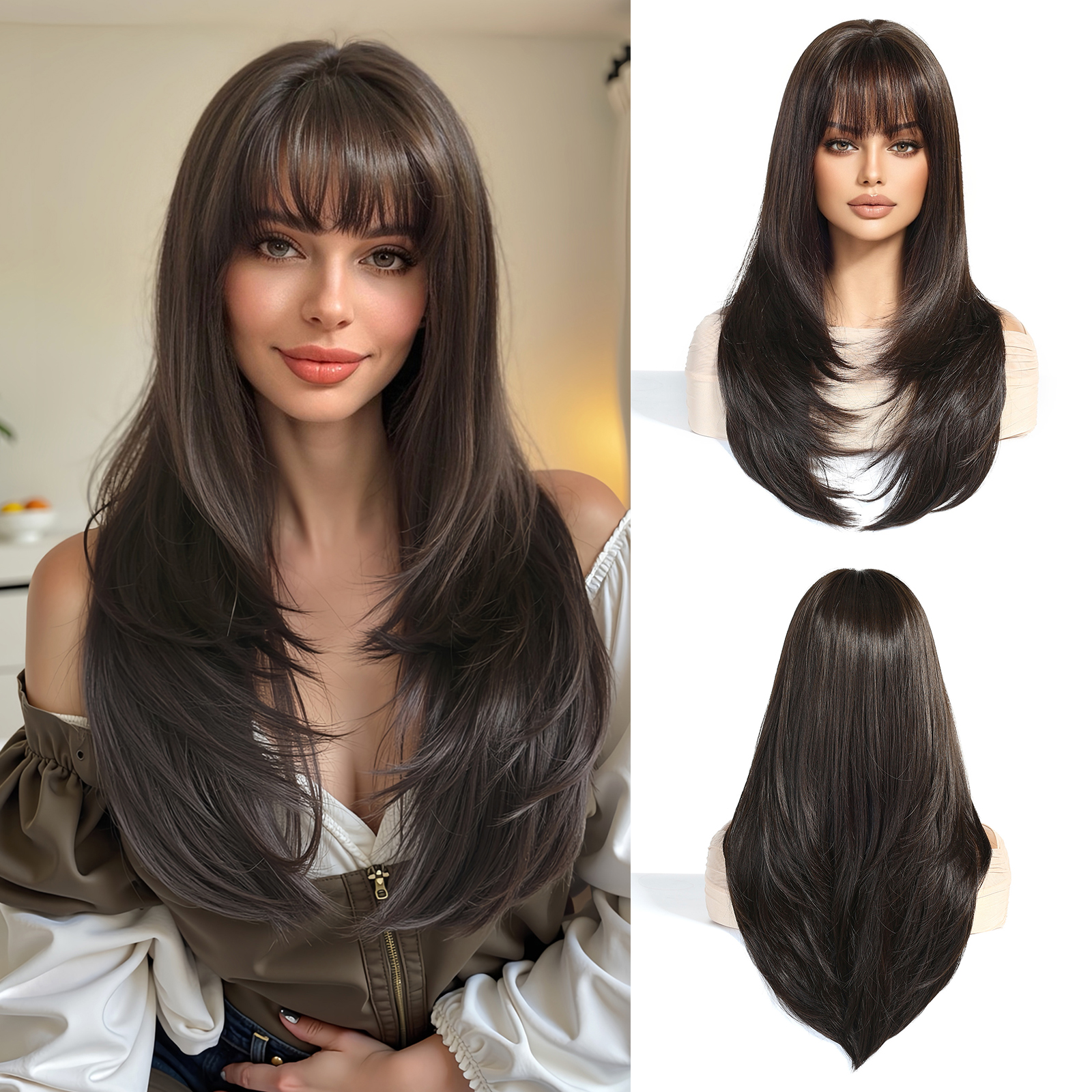 Easihair lång silverfärgad med blonda slingor syntetiska peruker för kvinnor rak med lugg naturlig peruk cosplay-hår värmebeständigt