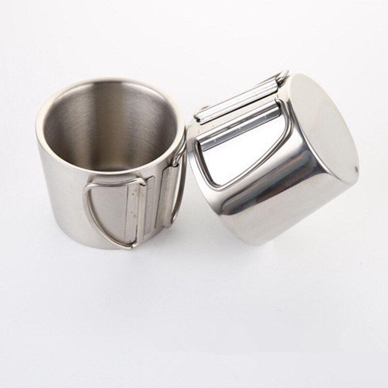 350ml Portable Camping Cup Outdoor Folding Handle vacuum Cups Durable double Stainless Steel coffee beer Mug
