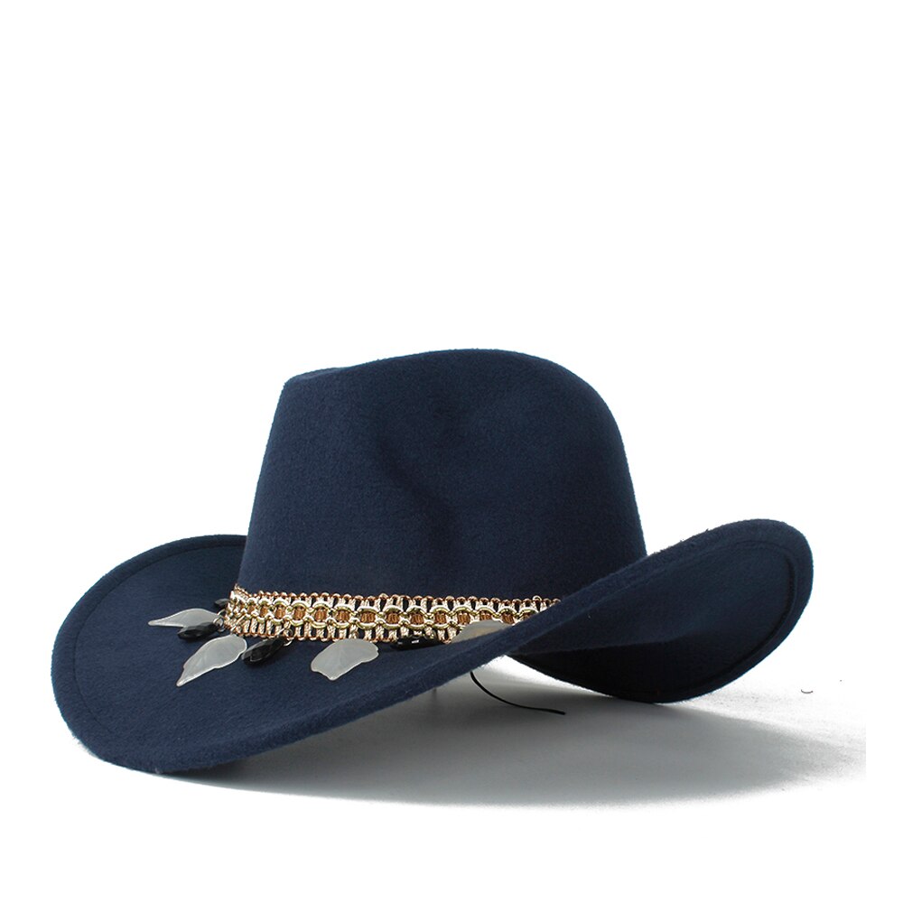 Kvinder uld hule vestlige cowboy hat dame tasseloutblack cowgirl sombrero hombre jazz cap: Mørkeblå