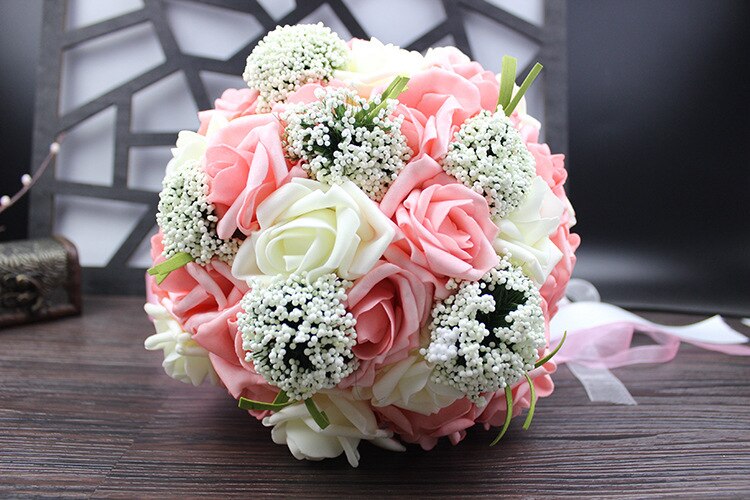 Ilovewedding brudebryllup buket buket bånd håndlavet 30 stk pe roser bryllup blomster brude buketter lilla: Lyserød