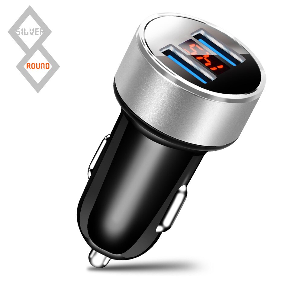 LED Display Dual USB Car Charger Output 3.1A Snel Opladen Mobiele Telefoon Travel Adapter Aansteker DC 12-24 V Auto Telefoon Oplader: silver round