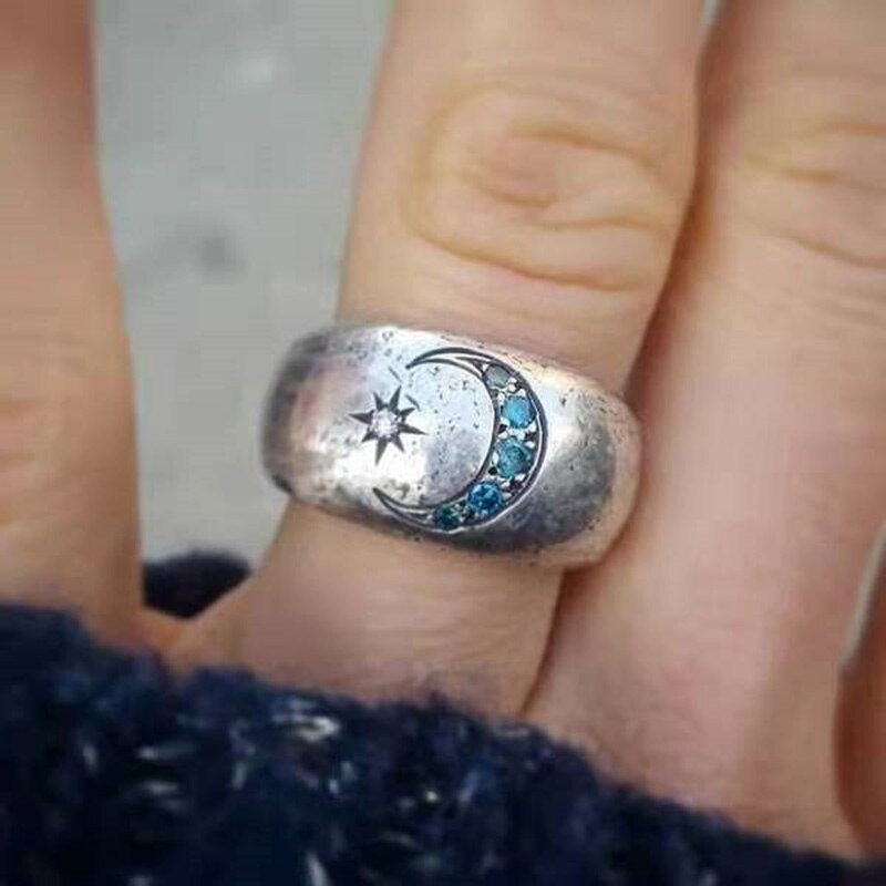 Glamour Retro Moon Star Ring Blauw Strass Dames Ring Mode Etnische Stijl Meisje Ring Sieraden