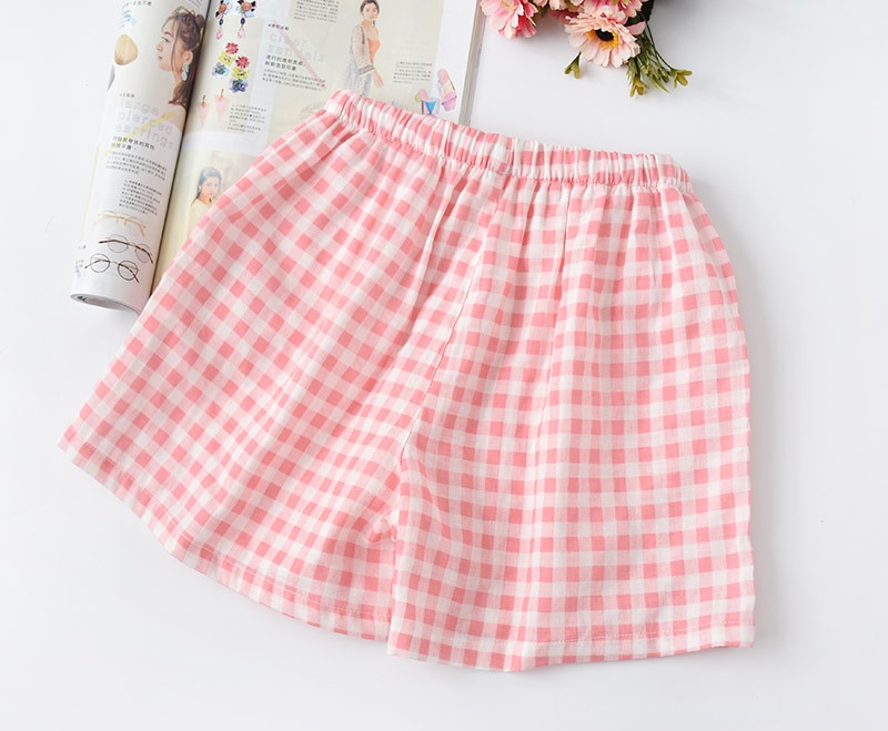 Cuplu de vară pantaloni scurți în carouri tifon de bumbac pantaloni subțiri de pijama îmbrăcăminte de dormit pentru femei pantaloni de noapte pantaloni de noapte: Femela roz / Xl