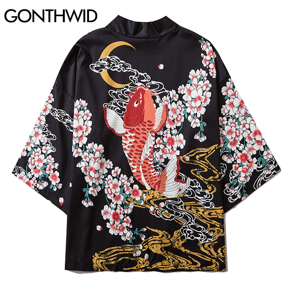 Gonthwid kimono neuletakki takit paidat miesten karppi kala koi kirsikankukkia print japanilainen avoin etupaita causal yukata topit