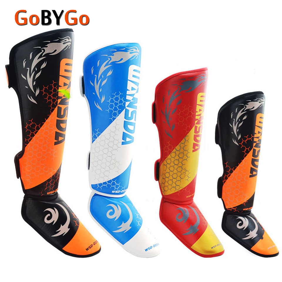 GoByGo Size XS S M L One Pair PU Leather Boxing Shin Guards Ankle Protector MMA Muay Thai Training Foot Kick Boxing Pad