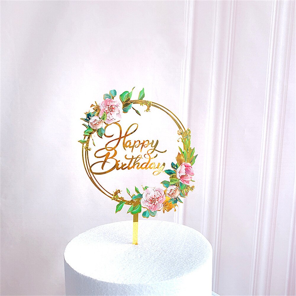 Bloemen Gelukkige Verjaardag Cake Topper Acryl Bruiloft Valentijnsdag Cake Toppers Voor Vrouwen Meisjes Verjaardag Partij Taart Decoraties: Round HB card