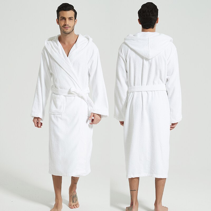 Mænd badekåbe hætte 100%  bomulds tykt varmt håndklæde fleece bomuld morgenkåbe lang badekåbe hotel spa blød brudepige kåbe: Hvid / Xl (178-190cm)