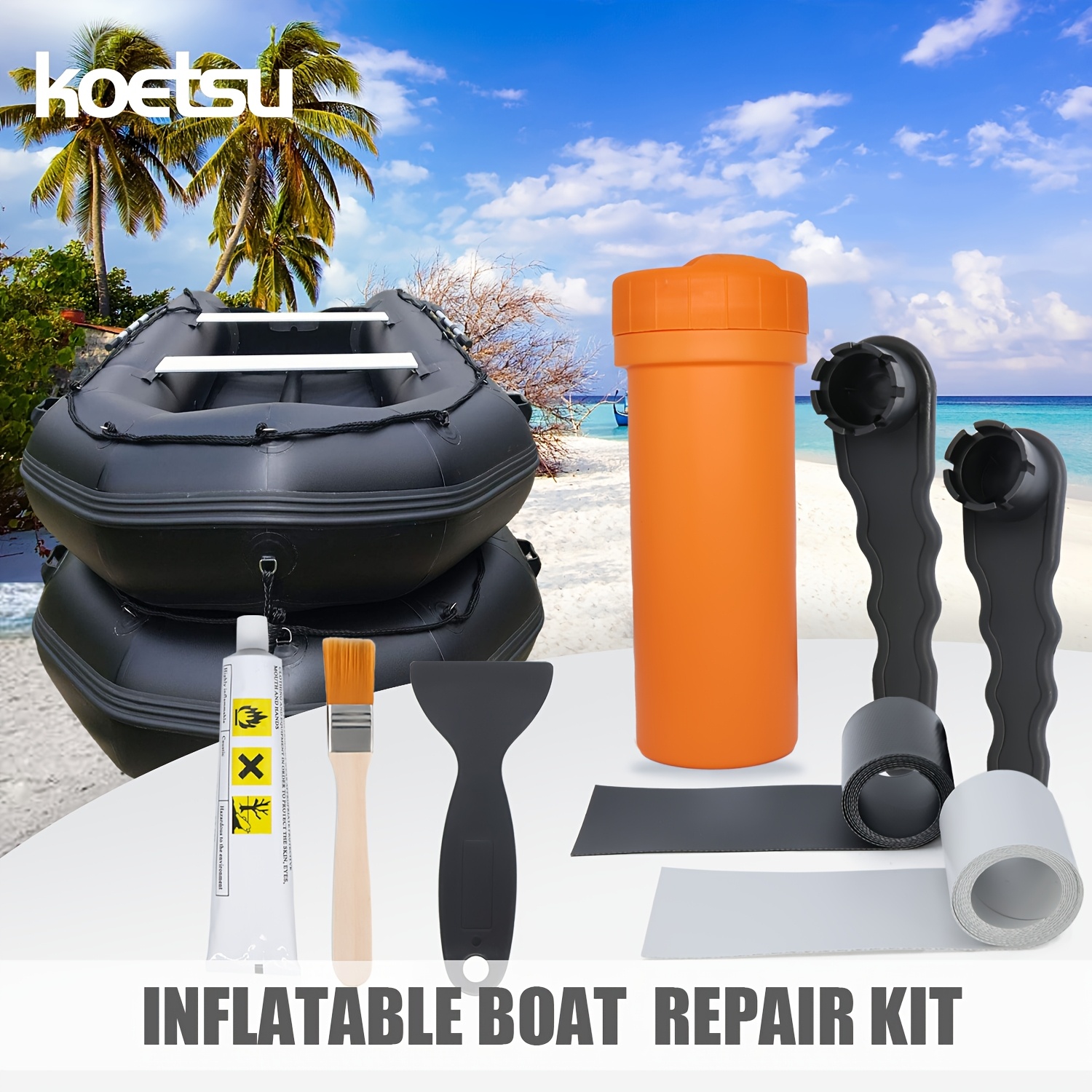 KOETSU 1 PVC Boat Repair Kit for Kayaks Inflatable Boats Floating Docks - Includes Black & Gray Fabric Patches Adhesive Tools