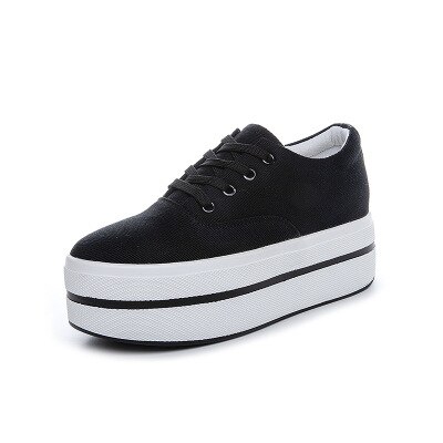 Chunky sneakers dam vår sommar andas canvas skor dam sneakers högklackat kvinna platåskor kvinnlig sko: Svart / 35