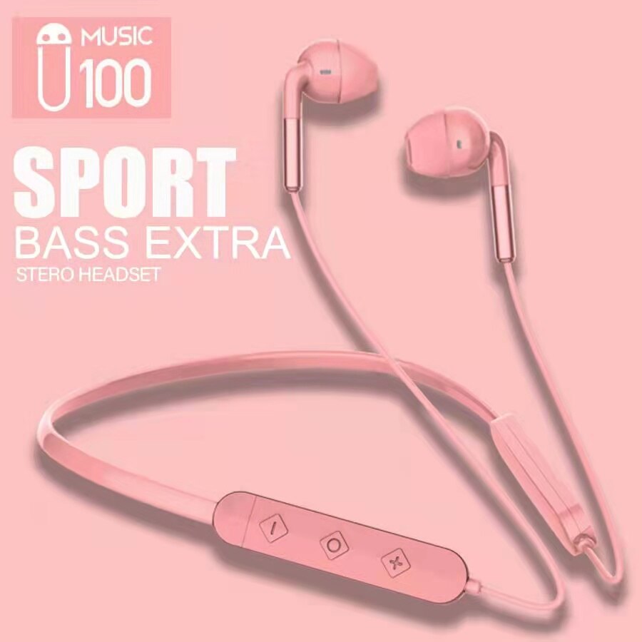 Neckband Wireless Earphone Bluetooth Music Sport Game Stereo Headset Noise Canceling HIFI In-Ear Earphone With Mic For Phone: Pink