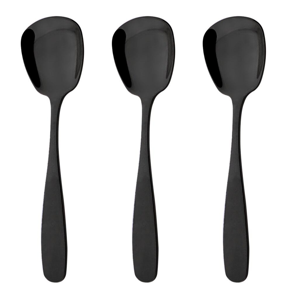 3Pcs Cutlery Stainless Steel Set Plat Bottom Square Dinner Spoons Dinnerware Child Ice Cream Dessert Salad Spoons Silverware Set: S 3.9x15.3(cm) / 3Pcs Black