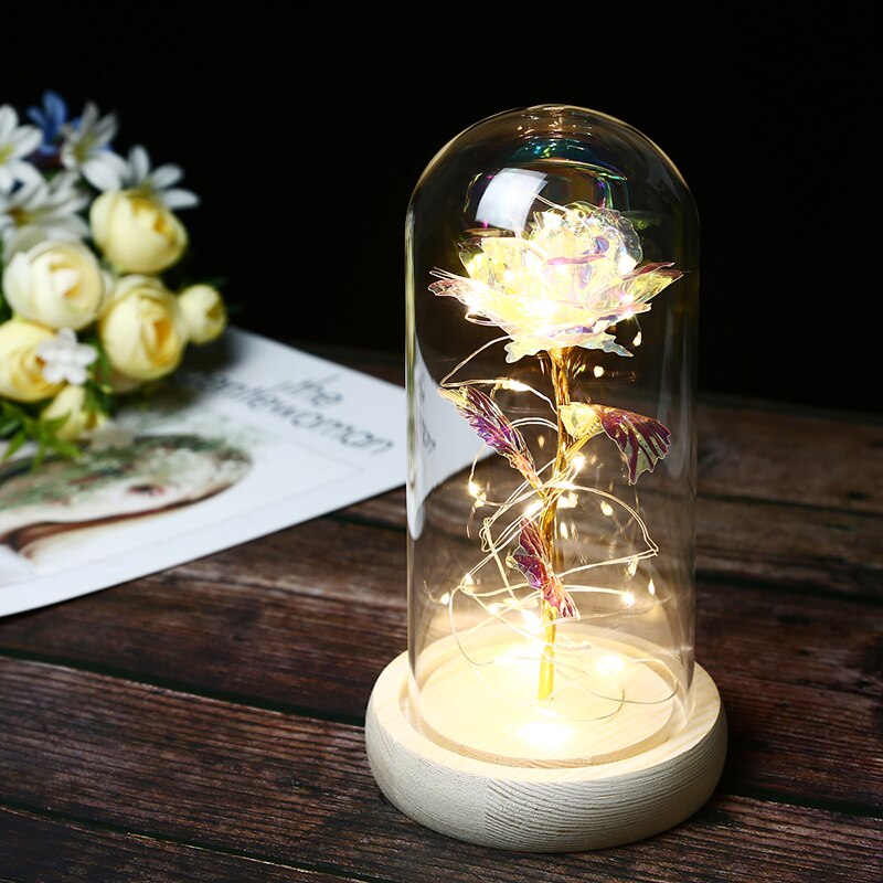 Skønhed og udyr rose i kolbe led rose blomst lys sort base glas kuppel bedst til mors dag fødselsdag valentinsdag