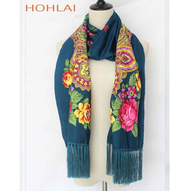 Foulard Long Femme à Franges - Imprimé Floral - Mélange Coton - Plus de 175cm: Cyan