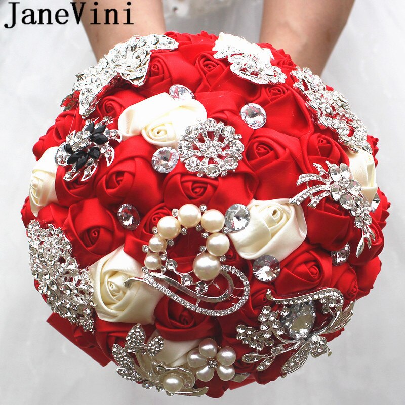 JaneVini Luxury Beaded Red Wedding Bouquets for Brides Satin Rose Mariage Crystal Brooches Rhinestones Pearls Bridal Bouquet