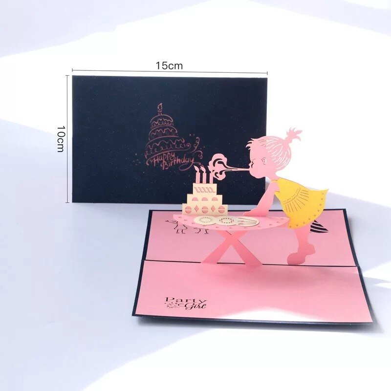 Children&#39;s Handmade Birthday Cards 3D Three-dimensional Friends Wishes Cards Cards Little Girls and Cats: Little girl