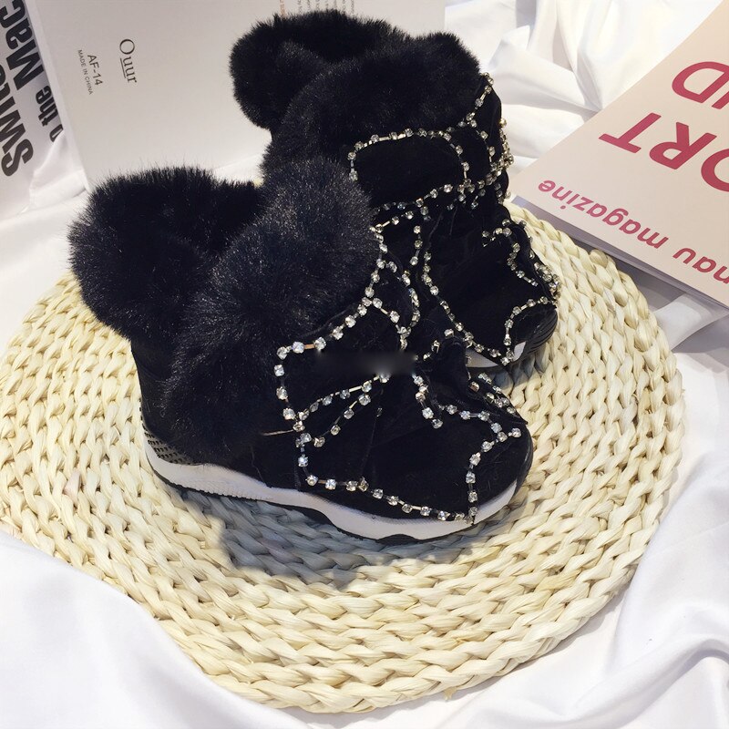 Winter Kids Boog Snowboots Baby Meisjes Strass Enkellaars Kinderen Warm Prinses Schoenen Peuter Laarzen Bont Zwarte Laarzen