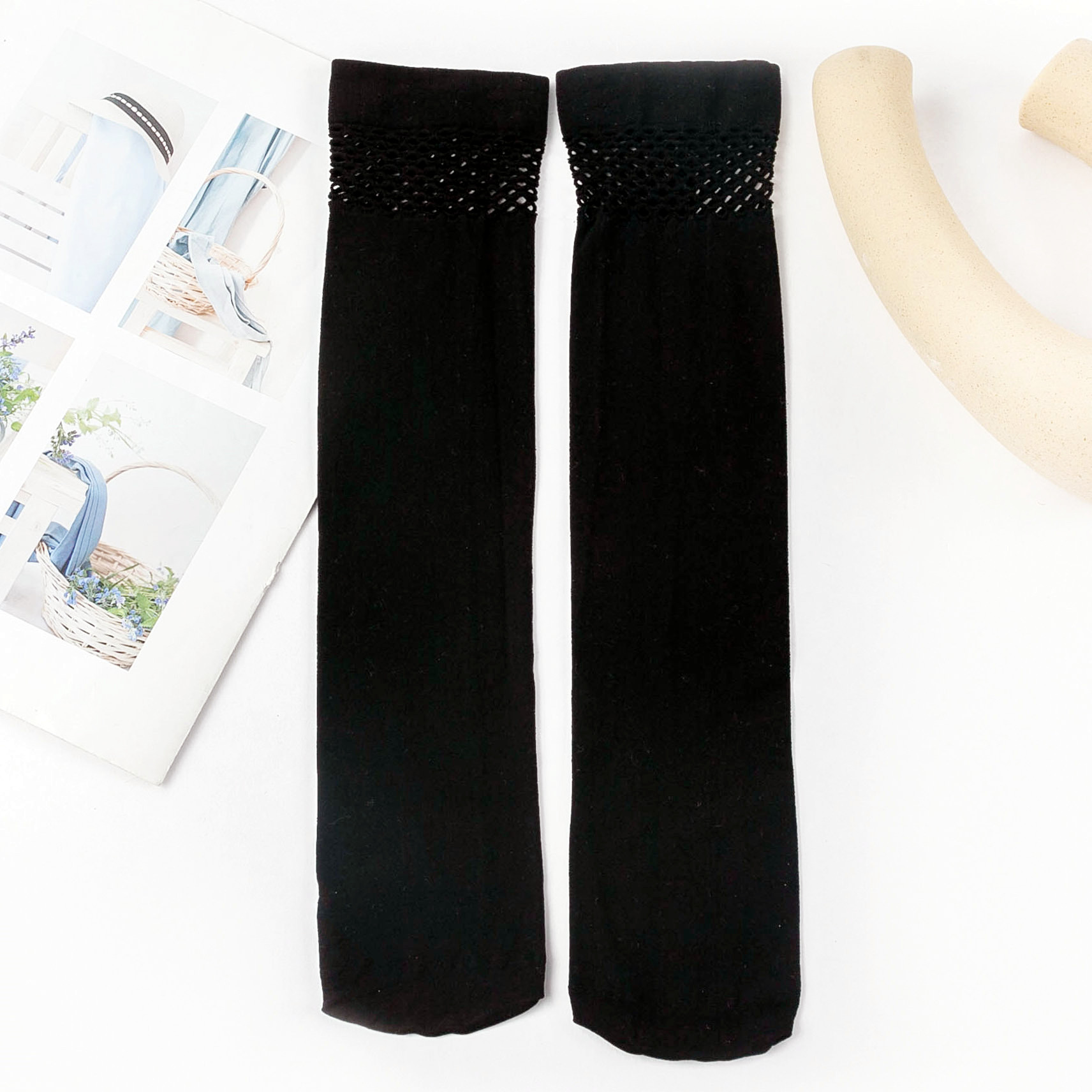 Dreamlikelin Autumn Winter Harajuku Girls Cotton Socks Female Uniform Argyle Socks Wing Rhombus Kawaii High Tube Knee Socks: StyleC Mesh Black