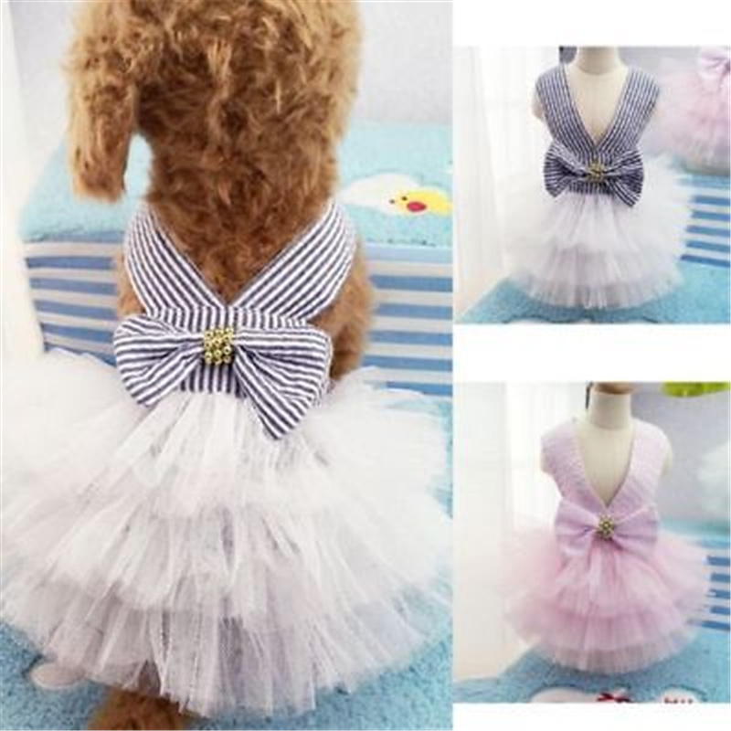 Vestido de tutú para cachorros, ropa de princesa con estampado de rayas de gasa de red y lazo para perros y gatos, novedad