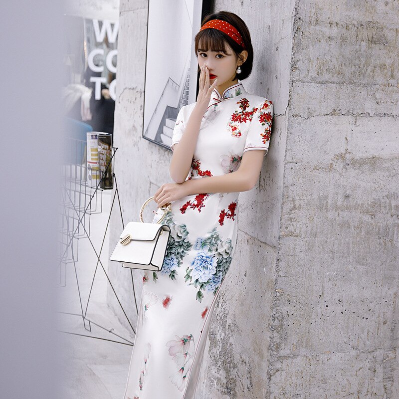 LVYUDS Chinese Traditionele Jurk Cheongsam Elegantie Slank Qipao Lang Opstaande Kraag Ao Dai Vietnamese Jurk Zomer voor Dagelijks Dragen Bruiloft(XL