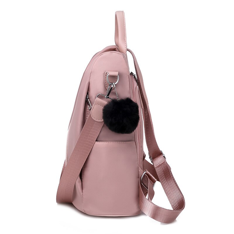 Mochila antirrobo para niñas, bolso escolar Oxford, color morado, colgante rosa, impermeable, de viaje