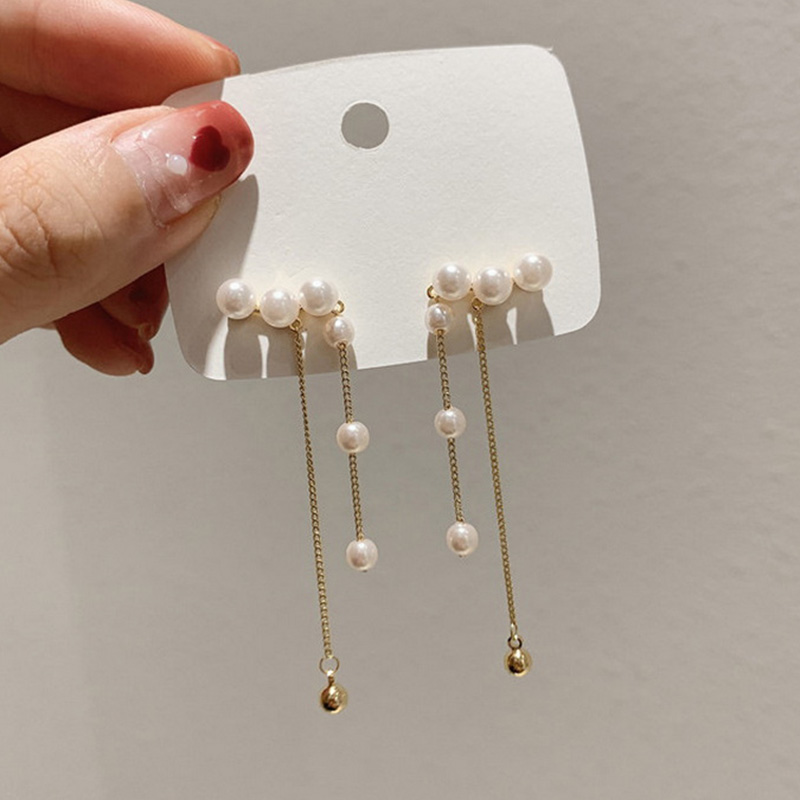 Pendientes de perlas de imitación para mujer, aretes largos con flecos, a la , elegantes, para novia y de boda: 5