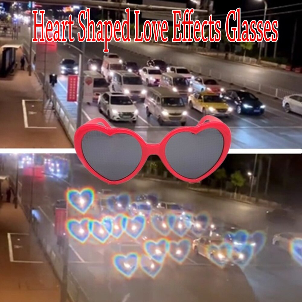 Gafas de sol de con forma de corazón, lentes con efecto especial, cambio a la difracción del corazón, de noche