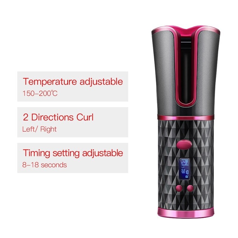 Rizador de pelo inalámbrico automático, plancha de cerámica giratoria, inalámbrica, recargable por USB, rizador Digital LCD