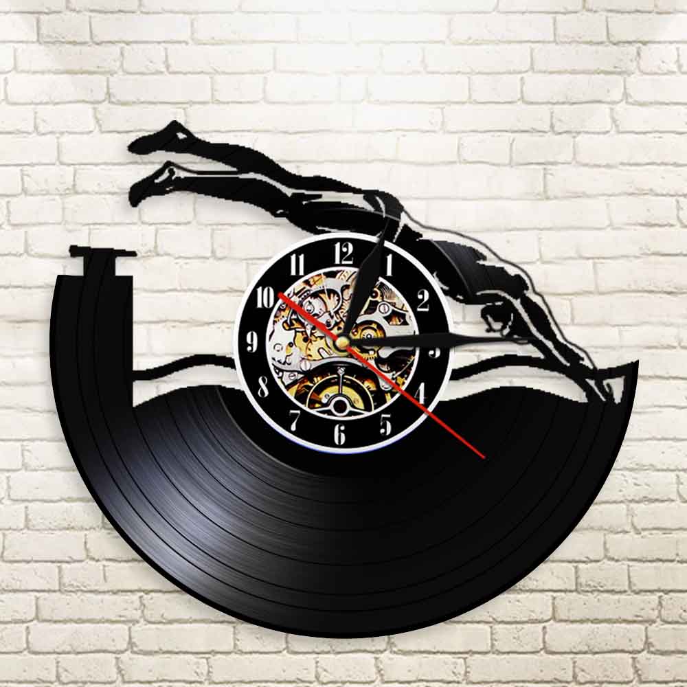 Swimming Pool Wall Art Wall Clock Vinyl Record Wall Clock Swimmers Water Sport Swimming Athletes Home Decor Modern