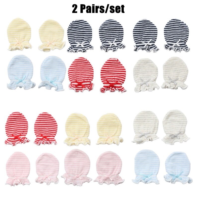 2 Pairs Leuke Gestreepte Baby Anti Krassen Handschoenen Pasgeboren Baby Katoenen Handschoenen Gezicht Bescherming Baby Wanten Anti-Grijpen Mitten