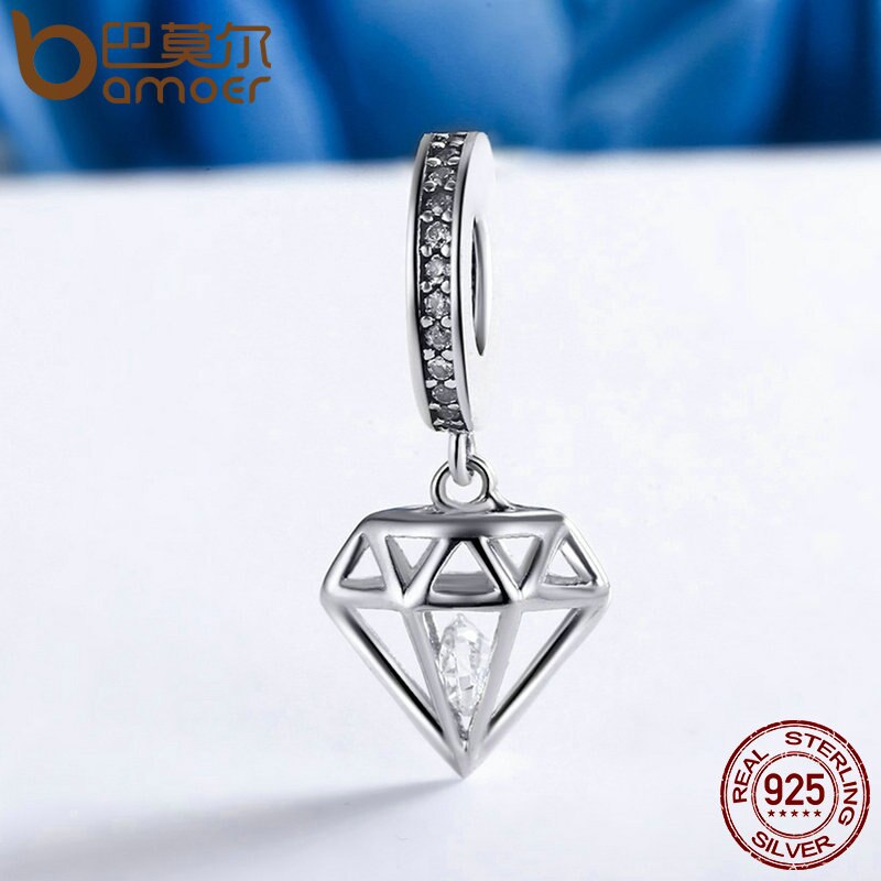 BAMOER Genuine 925 Sterling Silver Brillante Pendente di Cristallo Del Cuore misura Branelli Dei Braccialetti Delle Donne Gioielli FAI DA TE Regalo SCC186