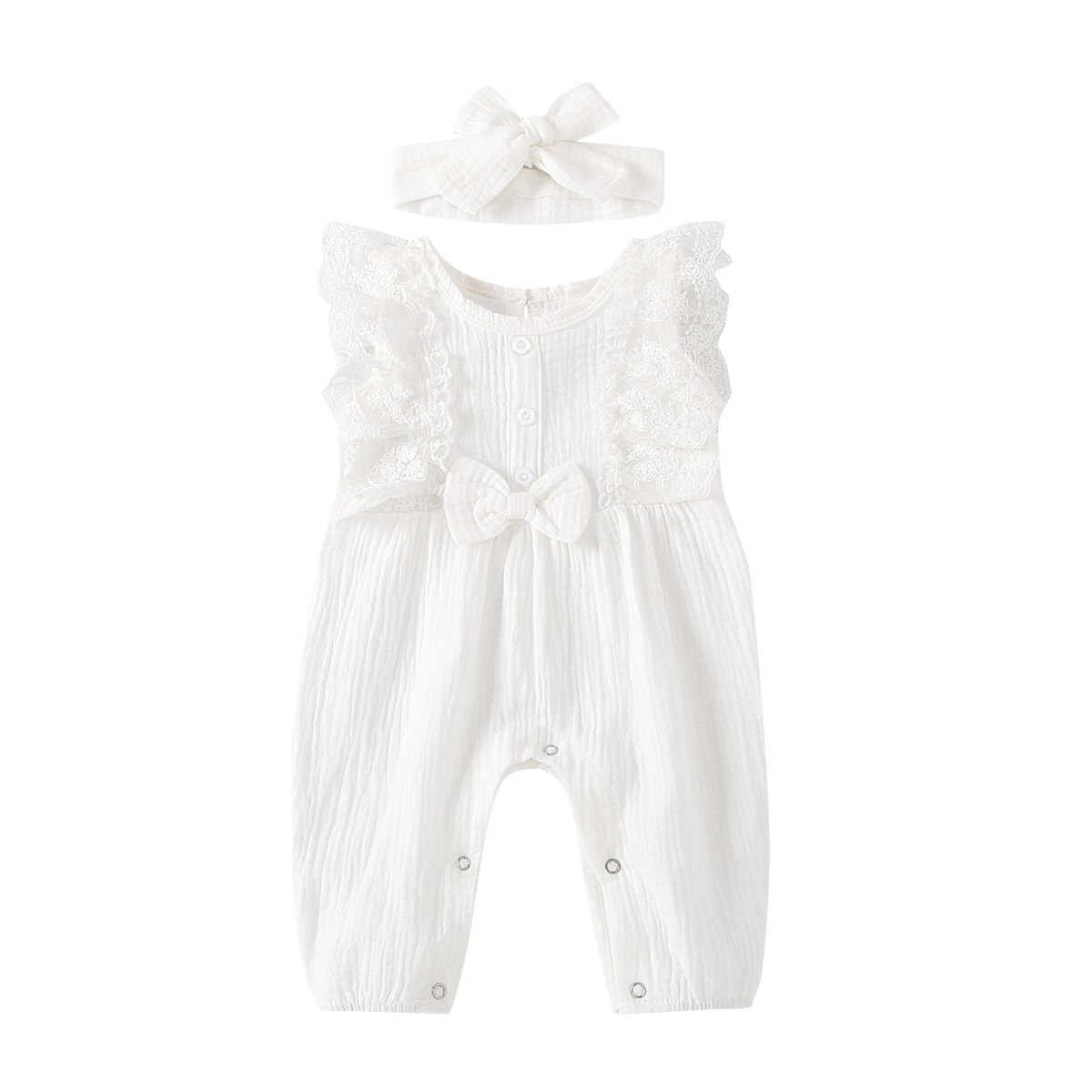 Baby Girl Cotton Linen Romper Two-piece Clothes Set Sleeveless Round Collar Jumpsuit Headdress Pink/ White/ Purple/ Green/Yellow: white / 6M