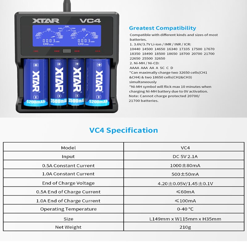 XTAR Batery Charger VC8 VC4 VC4S USB Charger Charging AAA AA Rechargeable Li-ion Batteries 10400-26650 20700 21700 18650 Charger