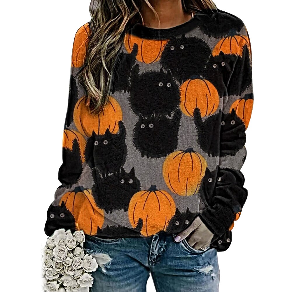Halloween-print ronde hals casual t-shirt unisex halloween-patroon korte mouwen t-shirt top voor mannen vrouwen  hb88: Pompoenkat / M