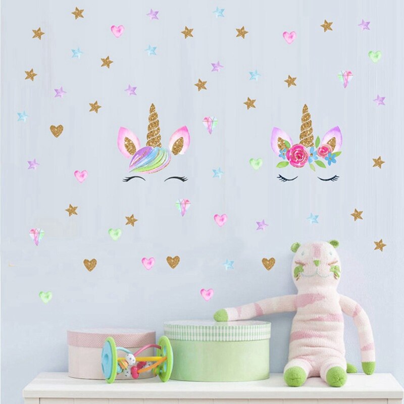 Kleurrijke bloemen dieren eenhoorn hoofd cartoon muursticker sticker kinderkamer muurdecoratie huisdecoratie