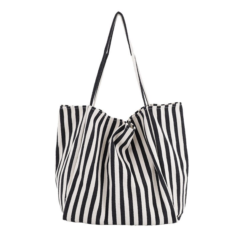 Bolso de compras grande de lona para mujer bolso de mano reutilizable de tela a rayas de bolso de hombro de ocio bolso de comprador ecológico de gran capacidad: thin strip black