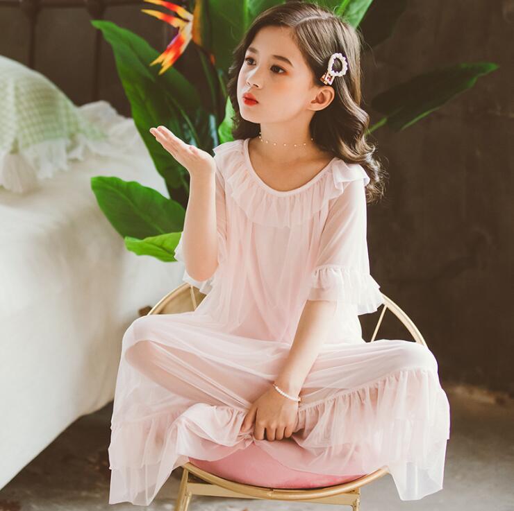 Sommer Baumwolle Nachthemd Mädchen Einfarbig Rüschen Nachthemd freundlicher Baby Nachtwäsche Schlaf Kleid freundlicher Pyjama 4 6 8 10 12 14Y: Rosa / 160