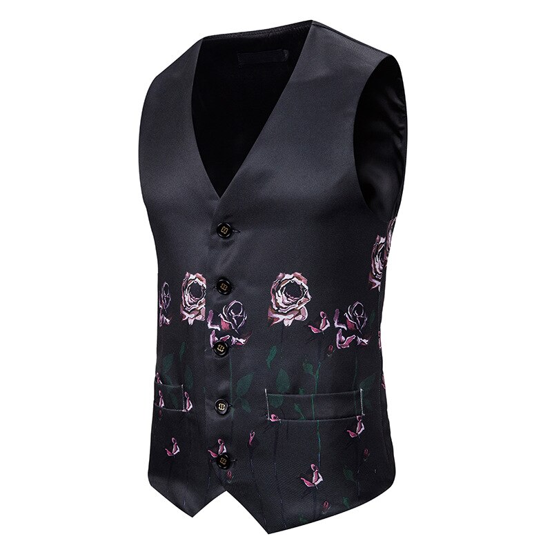 Zwarte rozenprint vest heren merk slim fit enkelrijs vest heren bruiloft feest gala smoking vesten