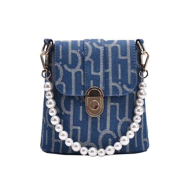 nueva perla de lujo de las mujeres con cadena de cuentas cubo vaquero bolso de hombro tipo bandolera femenina Mini bolso de: dark blue