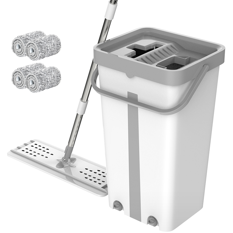 Magic Cleaning Mops Free Hand Mop with Bucket Floors Squeeze Flat Mop with Water Home Kitchen Floor Cleaner: White 4 mops