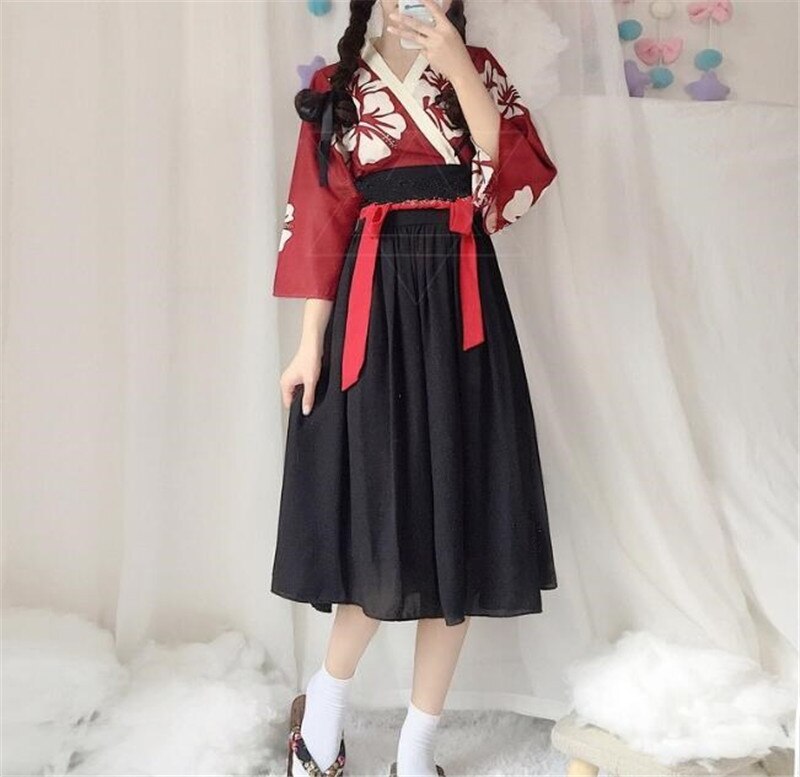Japonais Kawaii filles Style Kimono robe pour les femmes imprimé fleuri Vintage thé fête asiatique vêtements Vestidos B287