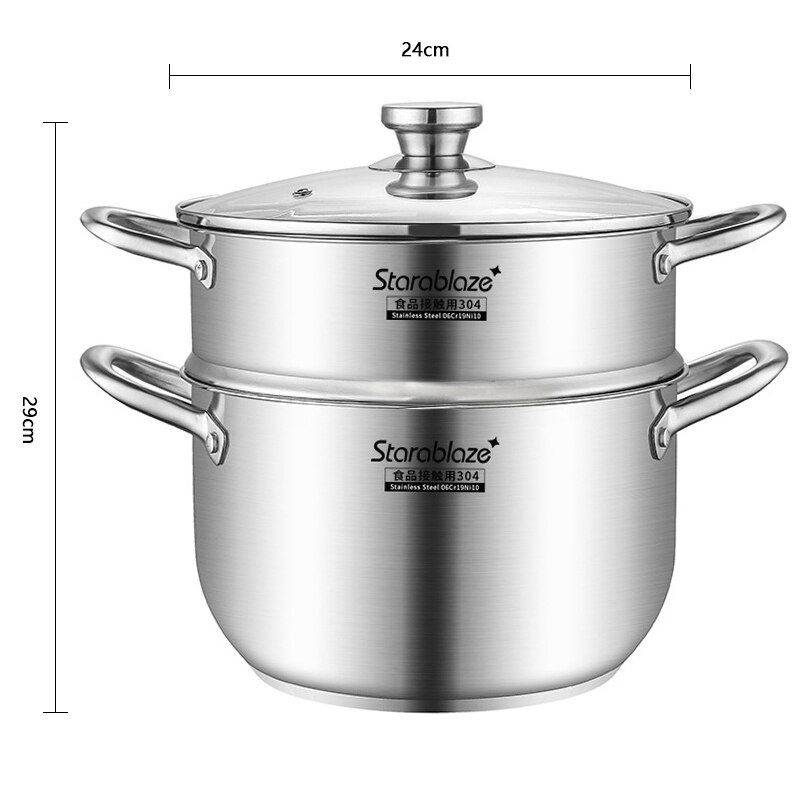 Fypo Stainless Steel Steamer Gas Induction Cooker Soup Steamboat Pot 1/2 Tier Steamer with Glass Lid Kitchen Cookware Steamer: 24cm 2 layer