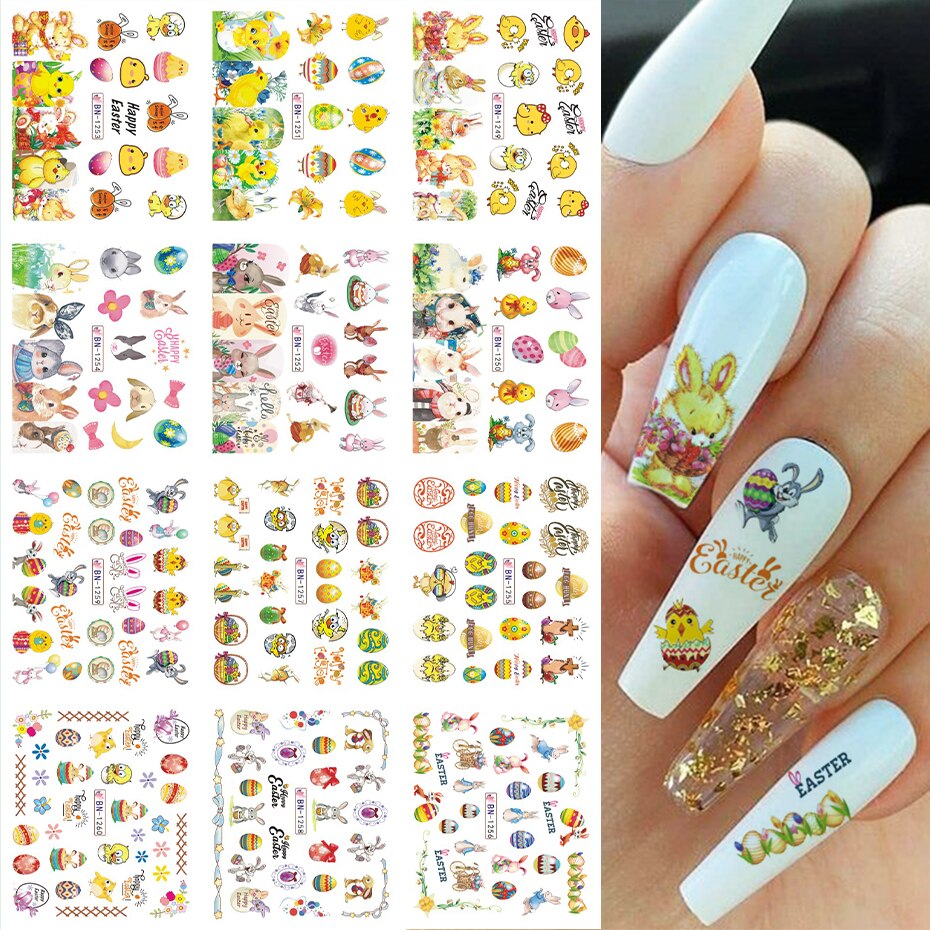 Paasei Lente Nail Water Stickers Cartoon Konijn Kuiken Bloem Plant Wrap Decal Nails Art Manicure Transfer Tip BEBN1249-1260