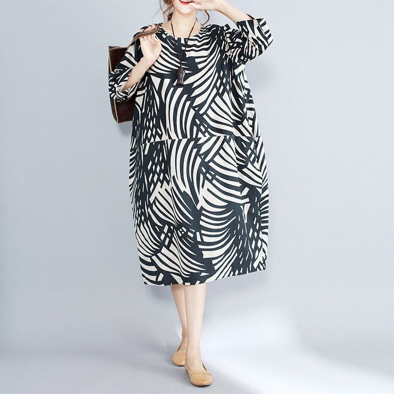 Kåbe vintage femme sommer forår kjole print blomstret bomuld hør koreansk kjole løs oversize boheme kjole  ta1556