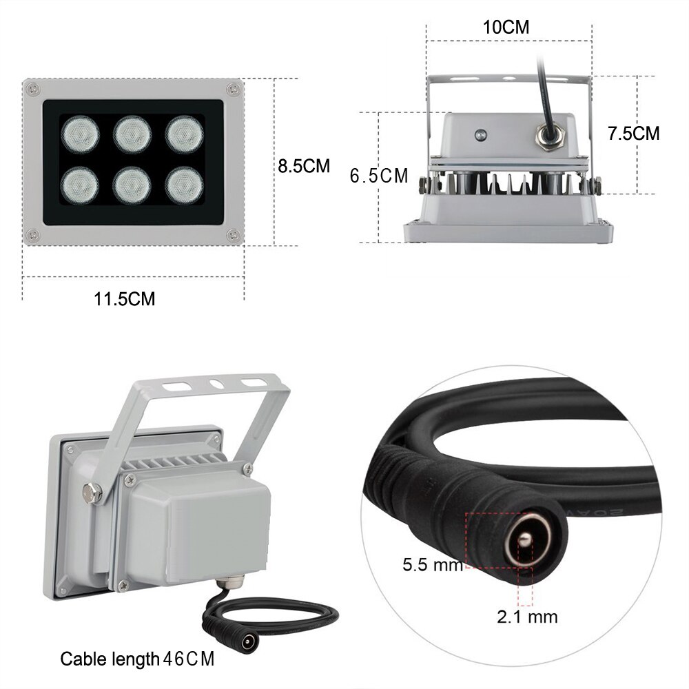 Luz infrarroja con 6 luces LED de visión nocturna, 50M, 850nm, lámpara iluminadora de aluminio para cámara de seguridad IP CCTV con potencia de 12V 2a