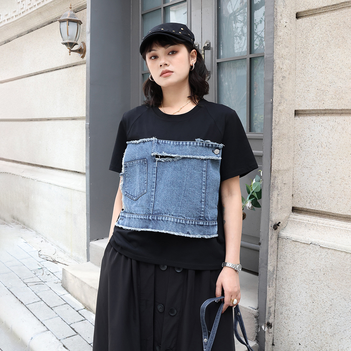 250301 Frauen Blau Denim Farbe-Block verlieren T-Shirt Neue O Hals Kurzarm Flut Frühling Sommer 2025,