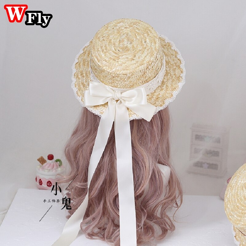 Harajuku Vrouwen Meisjes Zomer Strooien Hoed Strand Zonnehoed Handgemaakte Zoete Lolita Cosplay Lace Strik Stro Hoeden Versieren: color 7