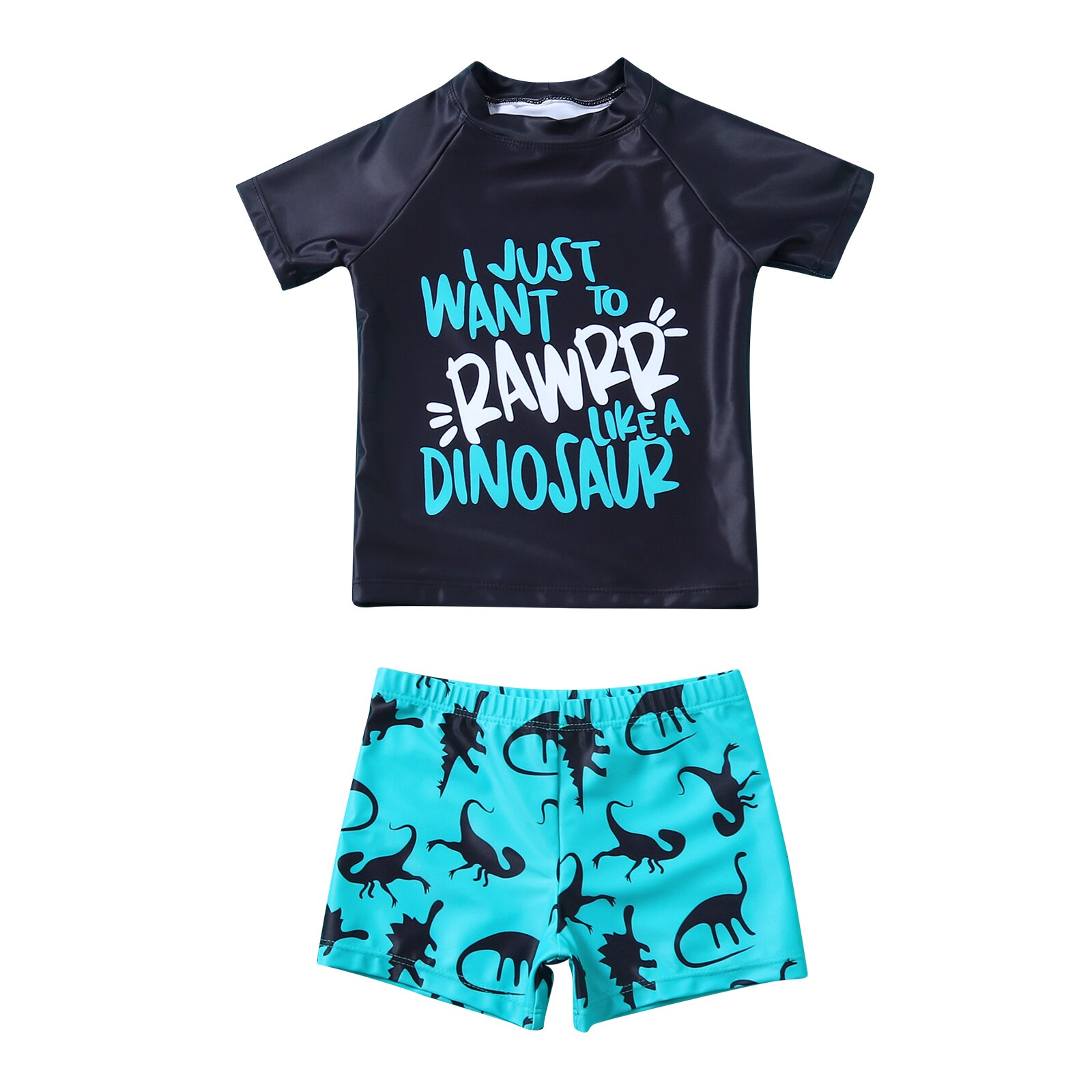 Opperiaya Baby Jongens Leuke Tweedelige Zomer Split Badpak Unieke Brief Gedrukte Korte Mouwen Tops En Cartoon Dinosaurus Shorts