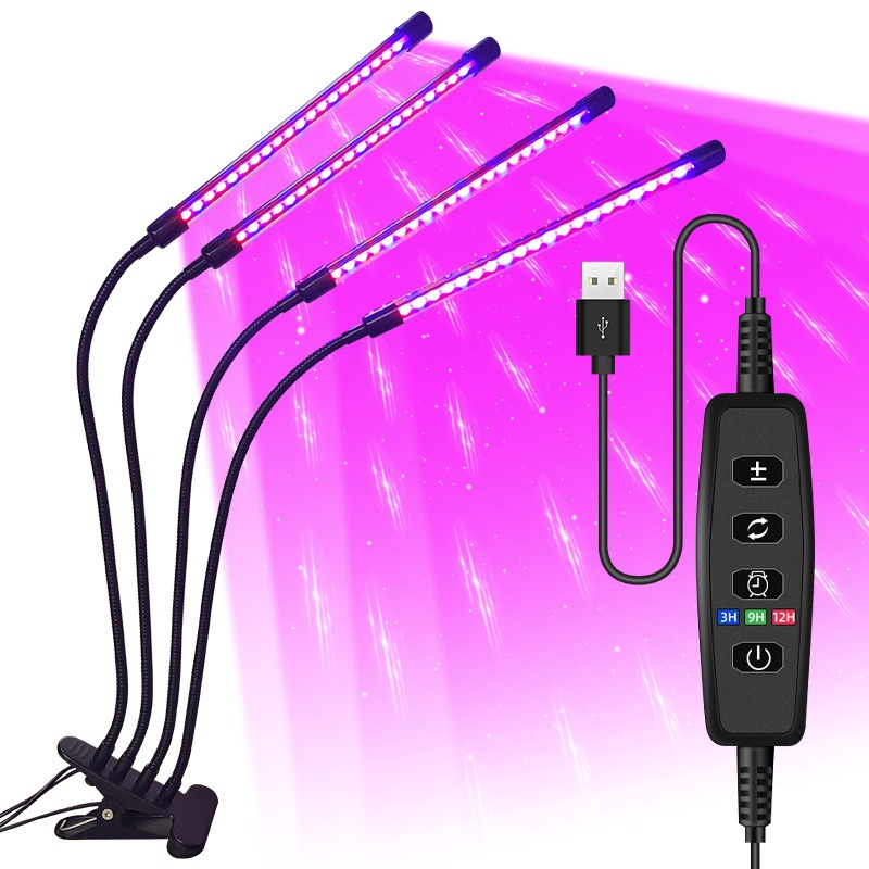 Luz LED USB para cultivo de plantas, jardín interior, 10 niveles regulables, luz de cultivo, temporizador de espectro completo, ajuste de invernadero hidropónico 3H/9H/12H: Rojo